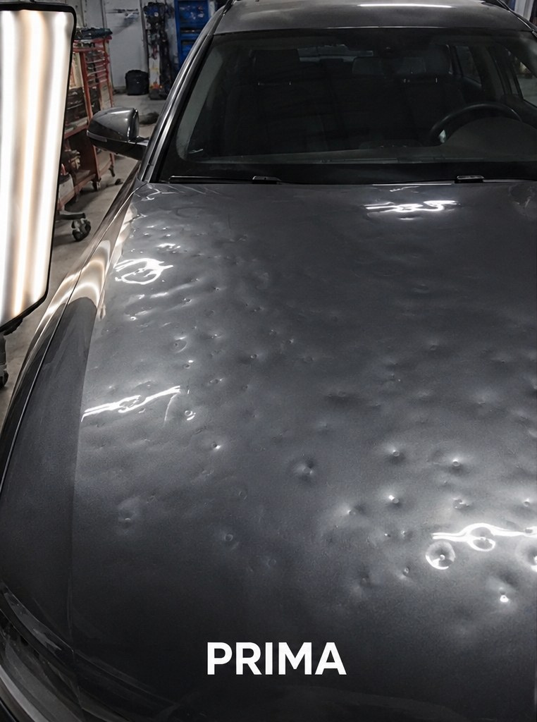 Cofano di un'auto grigia pieno di bolli da grandine visibili con lampada PDR, prima dell'intervento