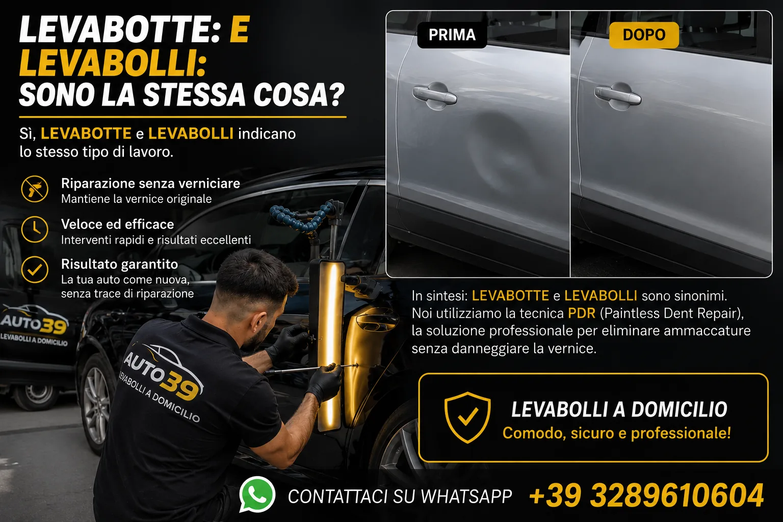 Infografica levabotte e levabolli: portiera con ammaccatura prima e dopo la riparazione PDR, tecnico al lavoro con lampada a luce radente